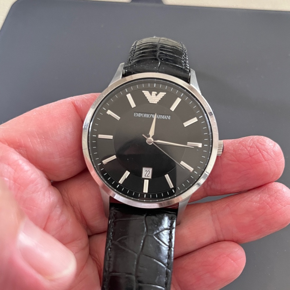 Emporio Armani Silver and Black Leather Watch